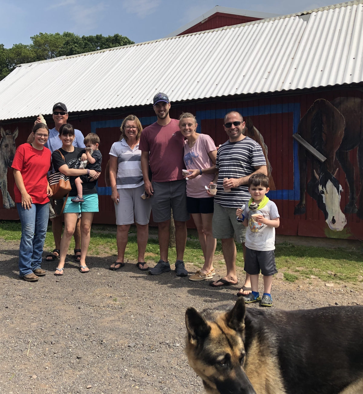 Nine visitors of mixed ages posing in a line in front of the red barn painted with horse murals, several holding cups of ice cream