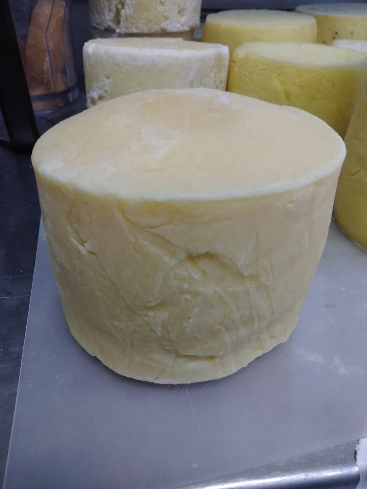A pale wheel freshly unmoulded, cloth and mould marks still on the rind