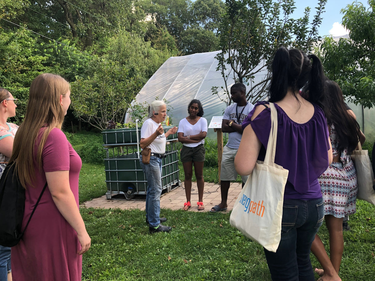 An adult in a white T-shirt teaching about eight adults beside an aquaponics tank and an interpretive sign, a plastic hoop house behind