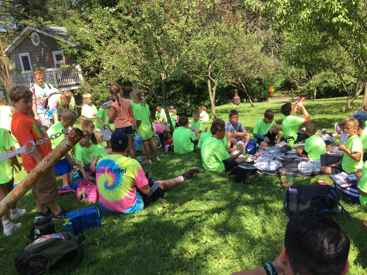 About thirty campers in bright green T-shirts eating packed lunches on a grassy slope under fruit trees, a shingled cottage behind
