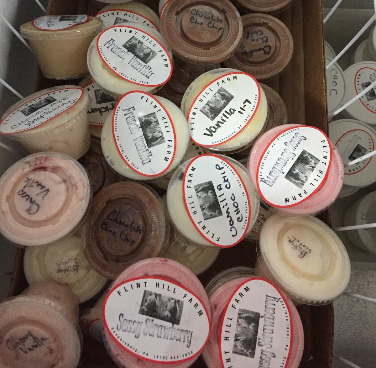 Looking down into a chest freezer packed with tubs of Flint Hill Farm ice cream, from French Vanilla and Sassy Strawberry to Pumpkin