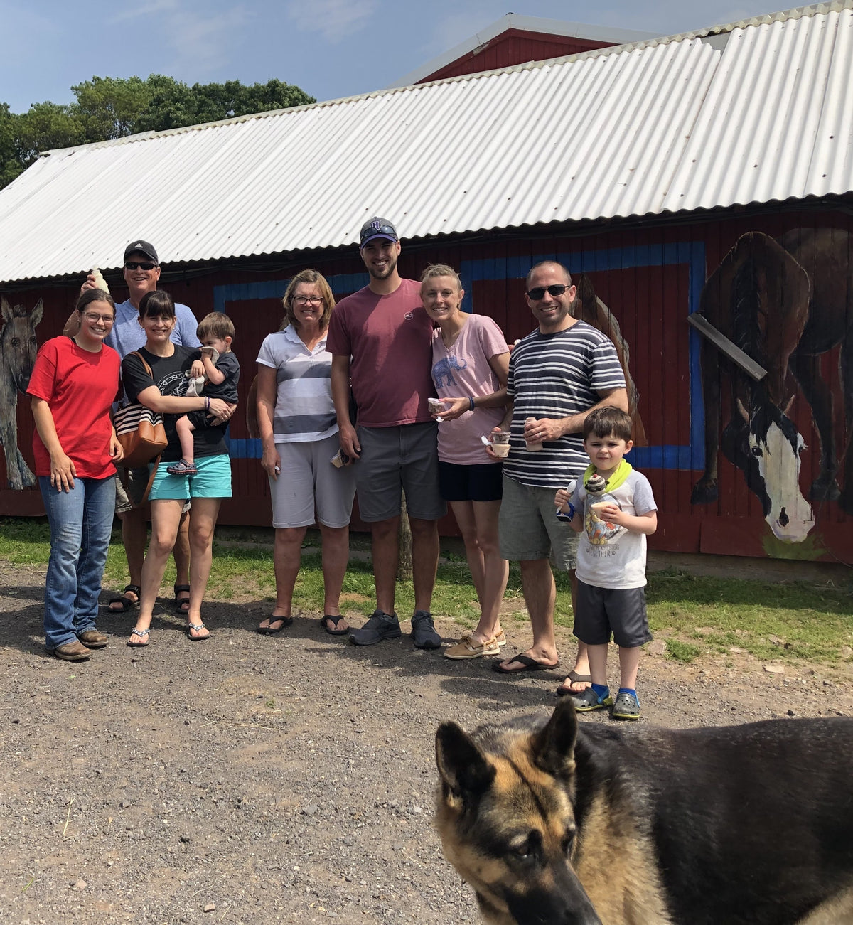 Nine visitors of mixed ages posing in front of the red barn with its horse murals, several holding cups of ice cream, a dog in front