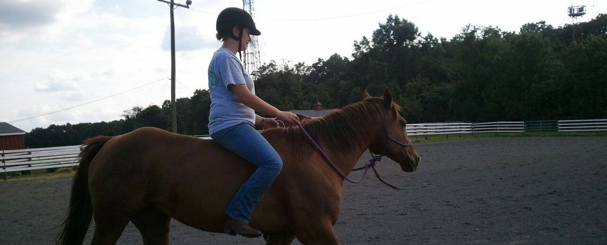 A young rider in a helmet, T-shirt and jeans riding a chestnut horse bareback with a purple rope halter in a sand ring at dusk