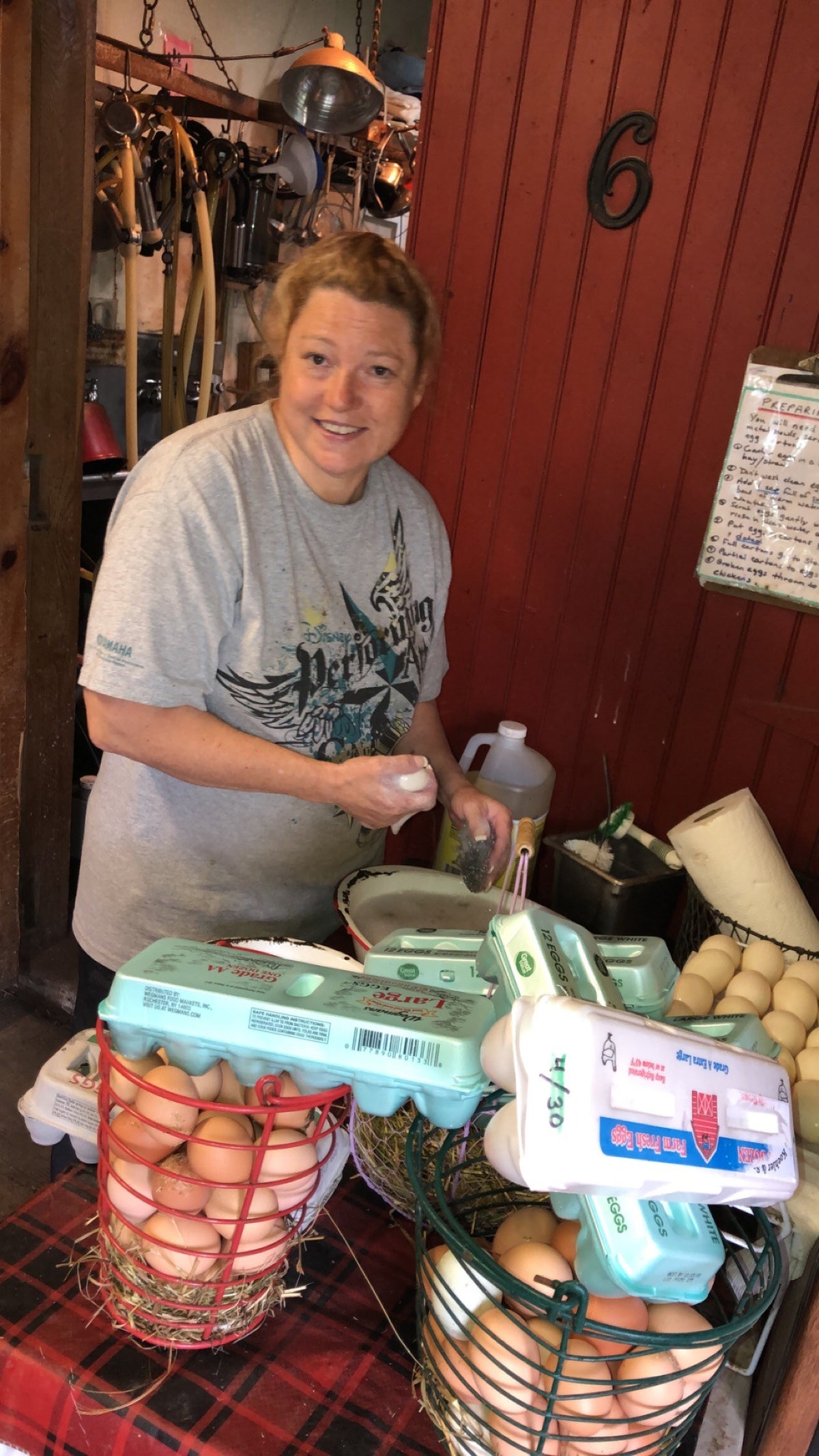 An adult in the doorway of a red-doored farm building washing and packing eggs, wire baskets heaped with brown eggs and stacked cartons