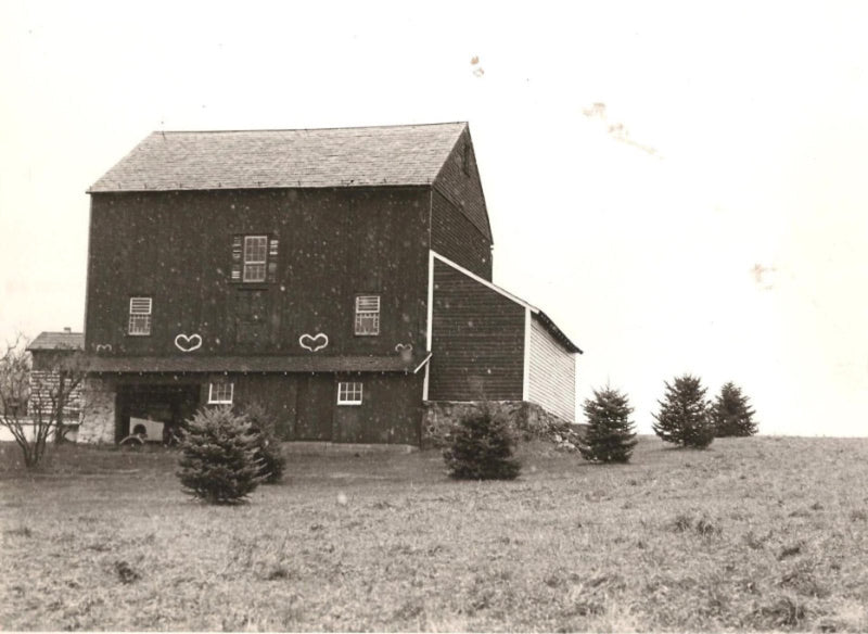 An archival black-and-white photograph of a barn with heart-shaped cutout vents, on a snowy hillside