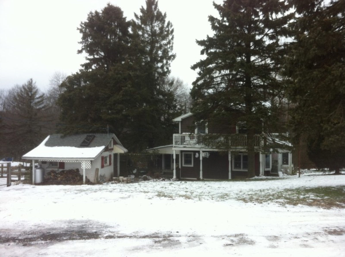 The Flint Hill farmhouse and an outbuilding, snow on the ground