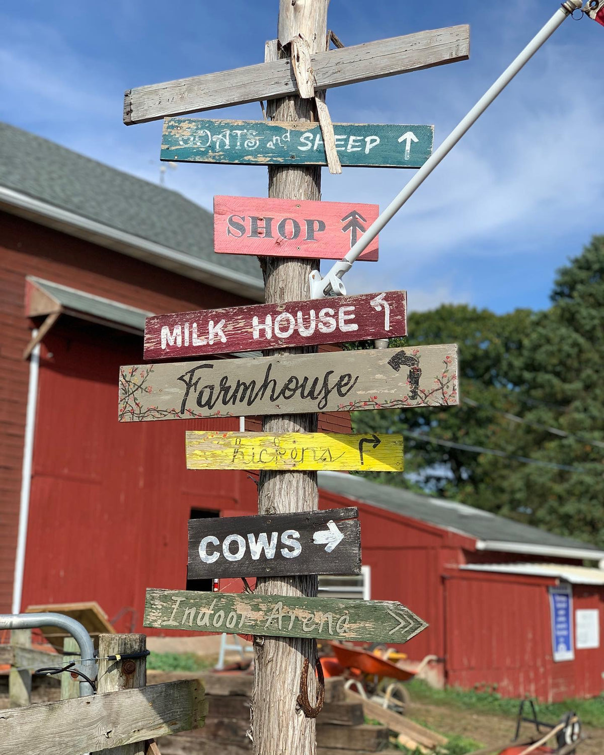 A hand-painted directional signpost at the farm, pointing the way to the goats and sheep, shop, farmhouse, and arena